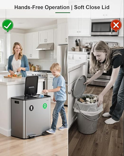 Lovewind 2×11.5 Gallon Dual Trash Can, Stainless Steel Dual Garbage and Recycling Can with Foot Pedal, 90° Stay-Open Lid, Pet-Proof Design – Large Dual Compartment Trash Recycling Bins Kitchen, Silver