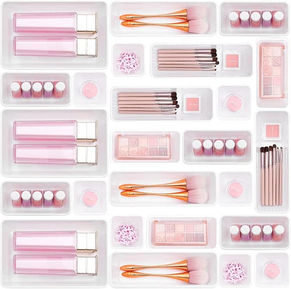 Kitchen Desk Drawer Organizers Storage for Office, Small Acrylic Vanity Trays Makeup for Drawer Bathroom Plastic Make up Organizers 25 Pcs White