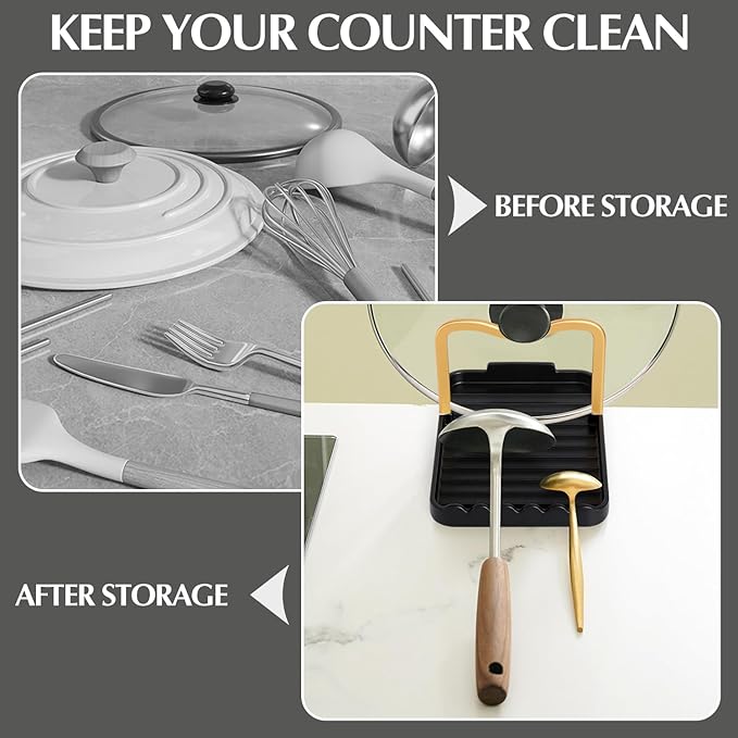 Ysks'hf spoon holder and pot lid holder，stainless steel，Kitchen Utensil Rest, scraper holder & pot holder，Spoon Holder for Stove Top - Kitchen Utensil Holder for Ladles & Tongs (Gold Black)