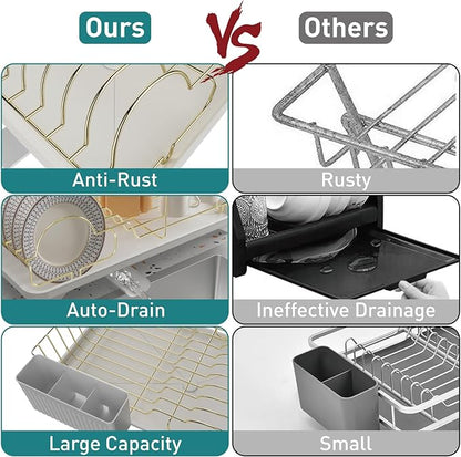 Buruis Dish Drying Rack for Kitchen Countertop, Large Capacity Gold Stainless Steel Dish Drainer with Anti-Slip Rubber Feet, Removable Drain Board and Utensil Holder (White Tray) - Image 5