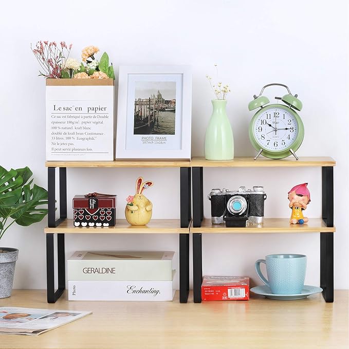 NEX Cabinet Organizer Shelf Set of 4, Stackable Kitchen Counter Shelves, Expandable Spice Rack Pantry Organizers, Bathroom Cupboard Storage Desk Riser, Bamboo and Metal, Black - Image 2