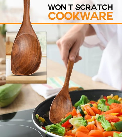Wooden Spoons for Cooking, Natural Premium Teak Wood Corner Spoon, Good Grip Large Wooden Spoons and Wooden Spatula, Heat Resistant Wooden Cooking Utensils for Nonstick Cookware Cooking Gifts - Image 4