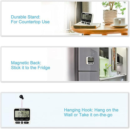 Digital Kitchen Timer - Empino Upgraded 24-Hours Cooking Timer Clock Countdown Multifunction with Big Digits, Loud Alarm, Magnetic Backing Stand, and Memory for Cooking Baking Exercise, White