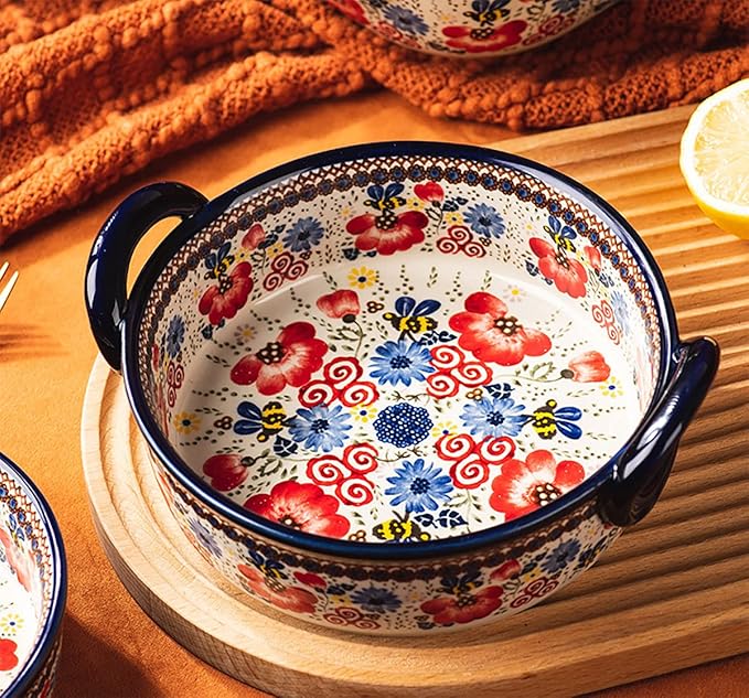 Vintage Flowers Style Ceramic Bakeware Casserole Dish Baking Pan Lasagna Pans Baking Dish with Handles for Oven/Cooking/Kitchen-1 PCS-Red Flowers-32 OZ - Image 3
