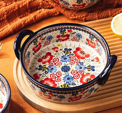 Vintage Flowers Style Ceramic Bakeware Casserole Dish Baking Pan Lasagna Pans Baking Dish with Handles for Oven/Cooking/Kitchen-1 PCS-Red Flowers-32 OZ - Image 3