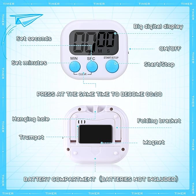 Mwellewm 12Pcs Digital Timers for Classroom Kitchen Timers for Cooking Small Magnetic Stopwatch Mini Countdown Timer Loud Alarm Stop for Study Work Baking Sports Games Office Timer Clock (White) - Image 7