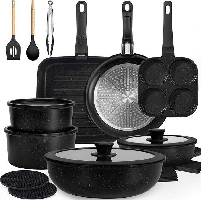 KIKCOIN Nonstick Pots and Pans Set 24 Pack - Kitchen Cookware Set with Detachable/Removable Handle - Cooking Pans Set with Frying Pans, Egg Pan - Stackable, Oven Safe, Induction Ready by Kikcoin