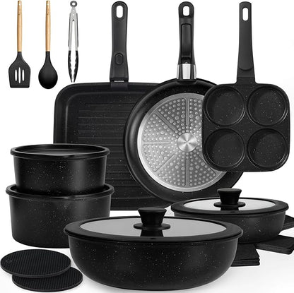 KIKCOIN Nonstick Pots and Pans Set 24 Pack - Kitchen Cookware Set with Detachable/Removable Handle - Cooking Pans Set with Frying Pans, Egg Pan - Stackable, Oven Safe, Induction Ready by Kikcoin
