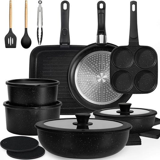 KIKCOIN Nonstick Pots and Pans Set 24 Pack - Kitchen Cookware Set with Detachable/Removable Handle - Cooking Pans Set with Frying Pans, Egg Pan - Stackable, Oven Safe, Induction Ready by Kikcoin