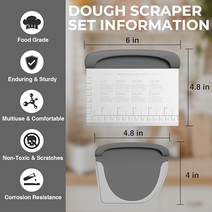 Bench Scraper Dough Cutter Tool - Bowl Pastry Scraper for Bread Cake Pizza, Bench Knife Kitchen Dough Scraper for Baking, Stainless Steel Food Scraper with Grip Handles & Measuring Scale, Grey, Gray - Image 3