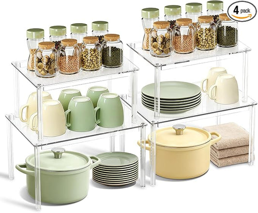 Clear Kitchen Cabinet Organizer, Set of 4 Stackable Spice Rack, Acrylic Shelves for Pantry Organizers and Storage, Tiered Spice Organization for Cabinet, Shelf Organizer for Desk Countertop