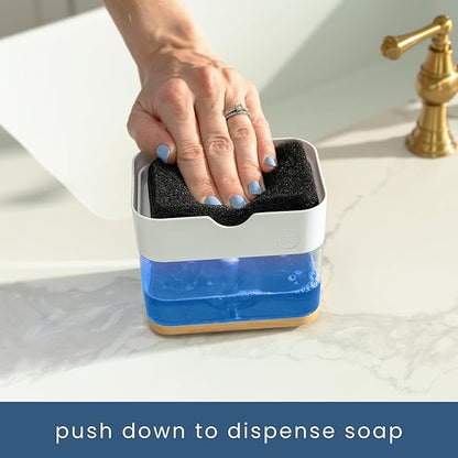S&T INC. Dish Soap Dispenser and Sponge Holder for Kitchen Sink, Waterproof Labels and Sponge Included, 13 Ounces, Plastic, White and Bamboo - Image 2