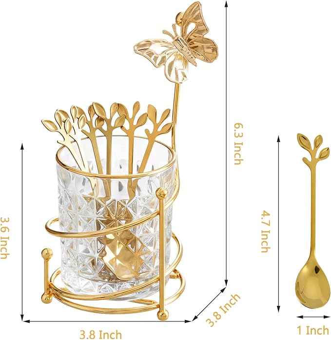 6PCS Coffee Spoons Set with Glass Holder,Small Stainless Steel Gold Tea Spoon,Mini Dessert Spoons Set for Fruit,Stirring, Mixing, Sugar, Ice Cream, Cake (6 x Spoons)