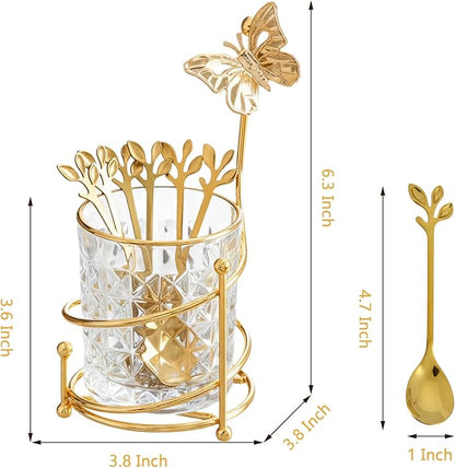 6PCS Coffee Spoons Set with Glass Holder,Small Stainless Steel Gold Tea Spoon,Mini Dessert Spoons Set for Fruit,Stirring, Mixing, Sugar, Ice Cream, Cake (6 x Spoons)