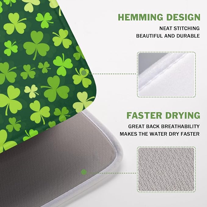 St. Patrick's Day Dish Drying Mat for Kitchen Counter,Irish Green Shamrocks Clover Leaves Drying Mat 16 x 18 Inch with Absorbent Reversible Microfiber Dish Drying Pad for Coffee Bar - Image 4