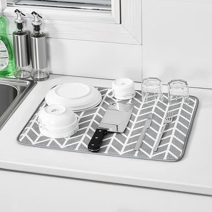 SUBEKYU Dish Drying Mat for Kitchen Counter, Absorbent Microfiber Dishes Drainer Mats/Rack Pads, 2 Pack, Light Grey, Branch - Image 6
