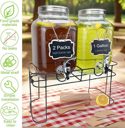 1 Gallon Glass Drink Dispenser for Parties, 2 Packs Juice Lemonade Ice Tea Water Dispenser with Stand, HENABLE Beverage Dispensers with Spigot for BBQ, Picnic, Party - Image 4