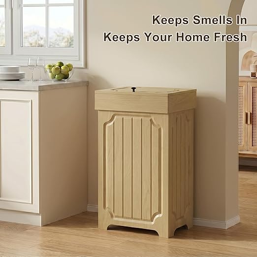 Povrgive Wood Trash Can Cabinet, 13 Gallon Hidden Kitchen Garbage Can with Lid, Farmhouse Dog Proof Trash Can, Metal Ring Included, 16" L x 13" W x 26.5" H, Wood - Image 4