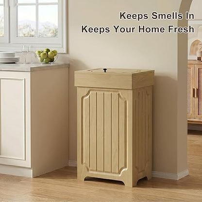 Povrgive Wood Trash Can Cabinet, 13 Gallon Hidden Kitchen Garbage Can with Lid, Farmhouse Dog Proof Trash Can, Metal Ring Included, 16" L x 13" W x 26.5" H, Wood - Image 4