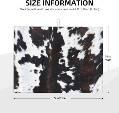 Cow Print Dish Drying Mat Animal fur Black Brown White Classic Drying Rack Pad Countertop Dishes Ultra Absorbent Microfiber Kitchen Counter Mat 18x24 Inch