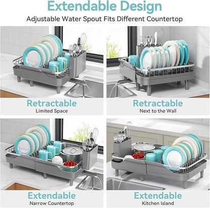 Urackify Expandable Dish Rack for Kitchen Counter, 16.14"-23.62" Large Stainless Steel Dish Drying Rack with Adjustable Water Spout, Space Saving Dish Drainer with Auto Draining Cutlery Holder,Grey - Image 4