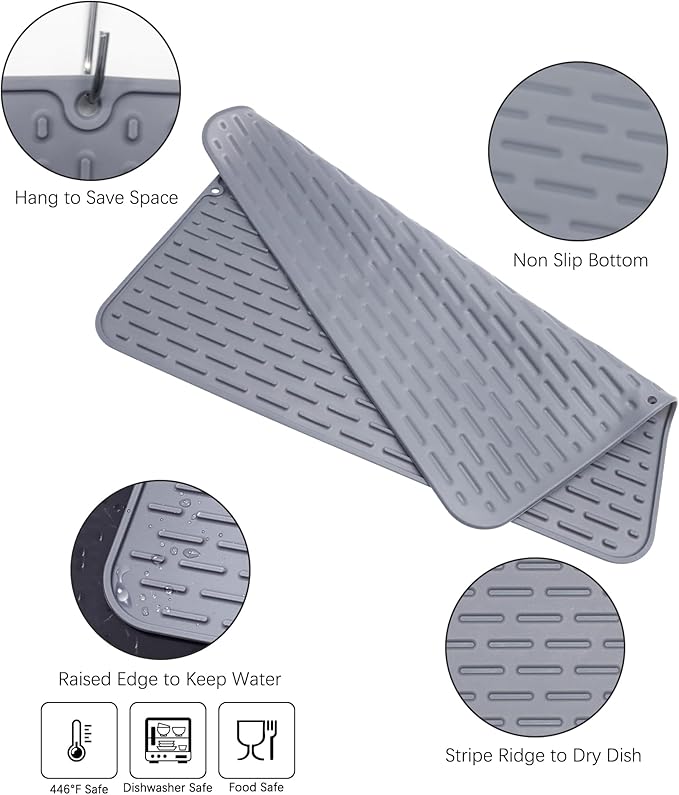 To encounter Silicone Dish Drying Mat - Extral Large 20" x 16" - Set of 2 Flexible Rubber Drying Mat, Heat Resistant Silicone Trivet, Countertop Mat, Dish Draining Mat, Sink Mat - Image 2