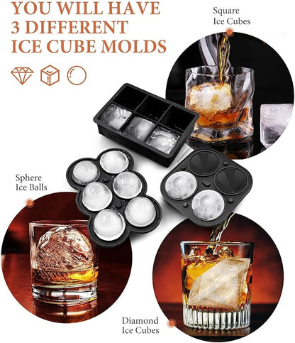 Dclobtop Ice Cube Trays, Silicone Ice Cube Molds for Freezer with Lid (Set of 3), 6 Ball Ice Cube Tray, 4 Diamond & 21-Ice Trays, Reusable Whiskey Ice Mold, DIY, BPA Free, Freezer