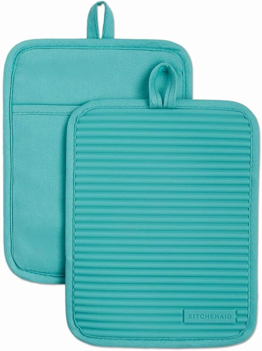 KitchenAid Ribbed Soft Silicone Pot Holder 2-Pack Set, Aqua Sky, 7"x9" by KitchenAid