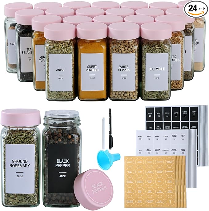 24 Glass Spice Jars with Labels, Spice Jar Set, 4oz Seasoning Containers, Spice Containers with Pink Airtight Lids and Shaker Lids, Square Empty Spice Bottles, 492 Labels, 1 Funnel by Unknown