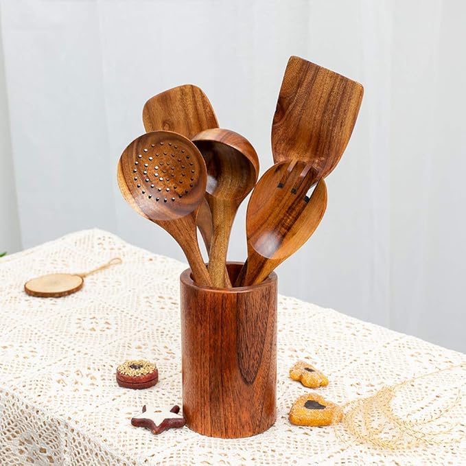 Wooden Utensils for Cooking, 7pcs Natural Acacia Wood kitchen utensils set with Holder For Cooking Utensil set Wooden Spoons Spurtle Spatula For Cooing Non-Stick Pan - Image 8