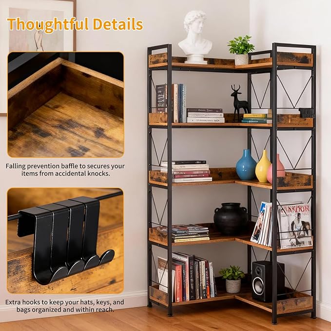 DUMOS 65 inch L Shaped Bookshelf, 5 Tier Corner Bookcase with Hooks and Edge, Industrial Pantry Shelves with Metal Frame, Wooden Open Storage for Living Room, Home Office, Bedroom, Rustic Brown - Image 5
