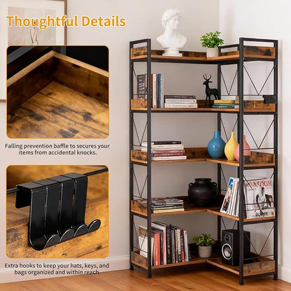 DUMOS 65 inch L Shaped Bookshelf, 5 Tier Corner Bookcase with Hooks and Edge, Industrial Pantry Shelves with Metal Frame, Wooden Open Storage for Living Room, Home Office, Bedroom, Rustic Brown - Image 5