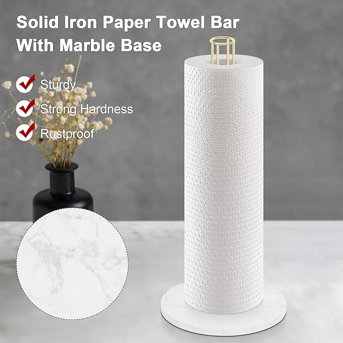 NearMoon Paper Towel Holder Countertop, Sturdy Kitchen Paper Towel Stand Dispenser-All Metal, Standard or Jumbo-Sized for Kitchen Countertop,Farmhouse, Living Room (Marble Base, Gold)