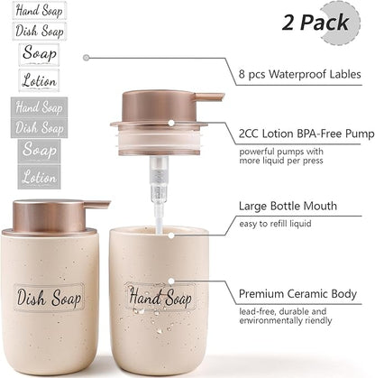 BosilunLife Apricot Soap Dispenser Set - 2 Pack 12oz Ceramic Dish Soap Dispenser with Rust Proof Pump for Kitchen, Hand Soap and Lotion Set Suitable for Farmhouse Bathroom Decor with Waterproof Labels