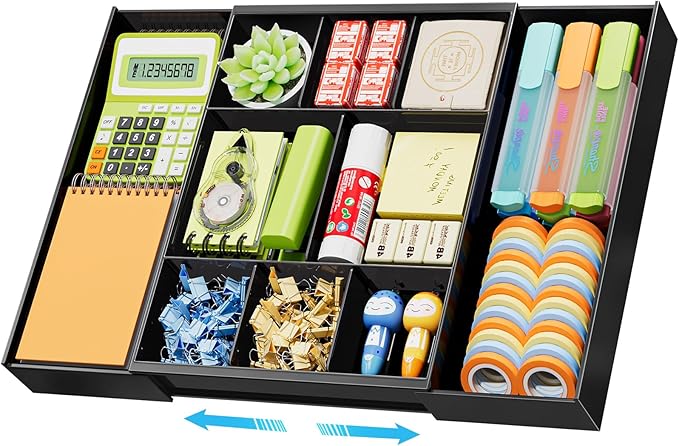 Marbrasse Expandable Desk Drawer Organizer, Clear Plastic Drawer Organizer Tray with 10 Adjustable Compartments, Desk Organizers and Accessories, 5 Drawer Dividers for Office Supplies, Makeup(Black) by Marbrasse