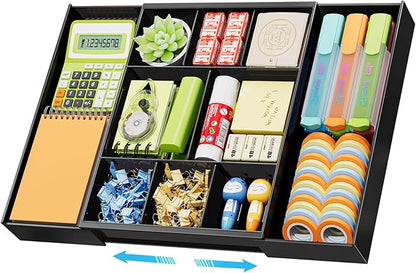 Marbrasse Expandable Desk Drawer Organizer, Clear Plastic Drawer Organizer Tray with 10 Adjustable Compartments, Desk Organizers and Accessories, 5 Drawer Dividers for Office Supplies, Makeup(Black) by Marbrasse