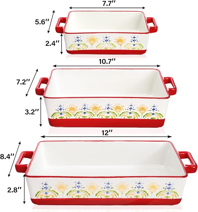 WRINGKIT Set of 3 Ceramic Baking Dishes, Rectangular Casserole Dish for Oven, Ceramic Bakeware Lasagna Pan Deep with Handles for Cooking, Baking, Wedding Gift, 3 Sizes (12''/10.7''/7.7''), Red - Image 2
