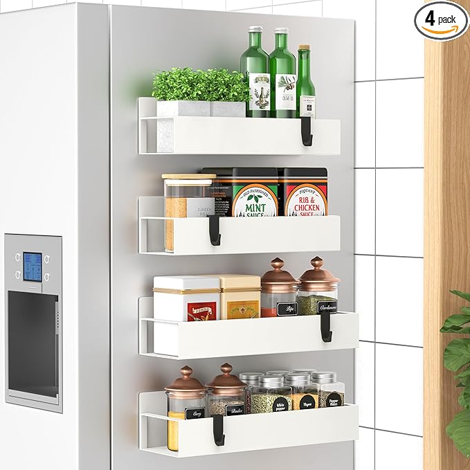 HuggieGems 4 Pack Magnetic Spice Storage Rack Organizer for Refrigerator and Oven, Cream White Fridge Organizers and Storage by HuggieGems