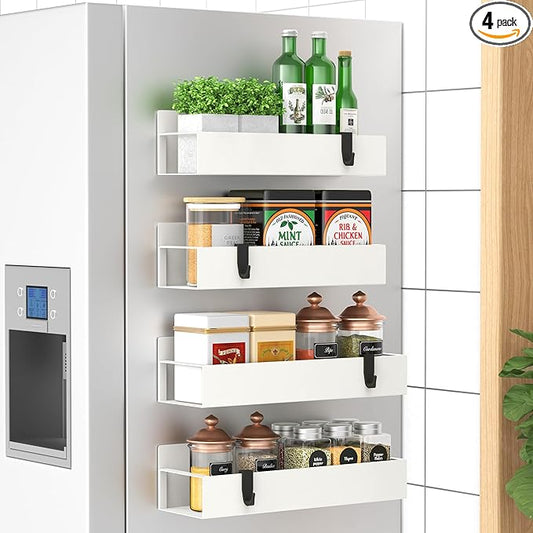 HuggieGems 4 Pack Magnetic Spice Storage Rack Organizer for Refrigerator and Oven, Cream White Fridge Organizers and Storage by HuggieGems