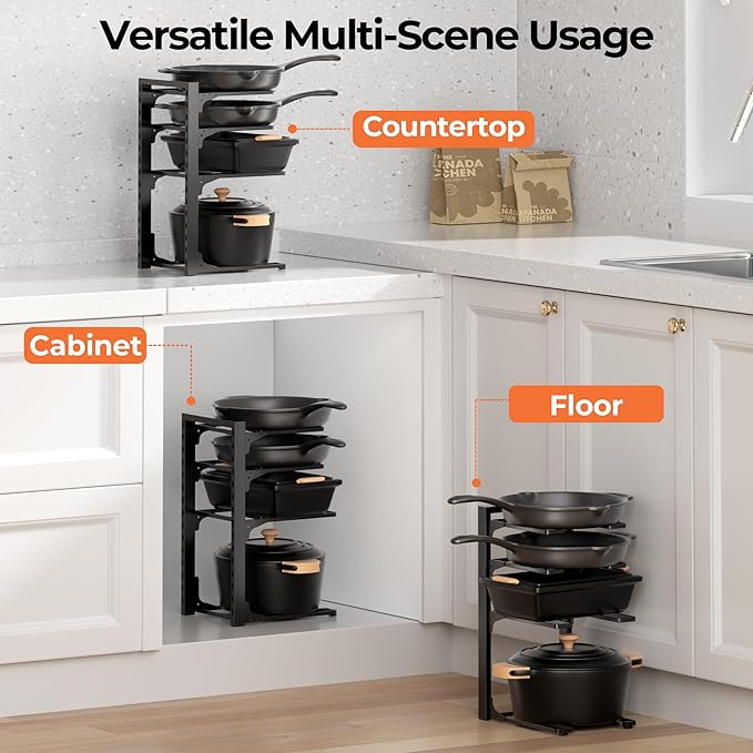 MUDEELA 2 Pack Pots and Pans Organizer under Cabinet, 4-Tier Heavy Duty Pan Organizers inside Cabinet Kitchen Storage, Adjustable Pot Rack Holds up to 44 LB Cast Iron Skillets Shallow Cookware - Image 6
