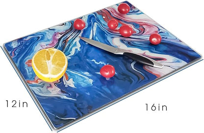 VASUHOME Glass Cutting Board, 16 * 12 inch Set of 1 Tempered Glass Cutting Board, Decorative Square Place Mat for Kitchen, Scratch, Heat, Shatter Resistant Cutting Mat, Navy Blue and Red