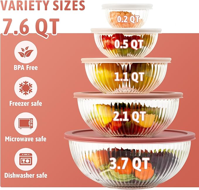 Glass Mixing Bowls with Lids Sets, 5 Packs Glass Bowls with Lids for Kitchen Baking, Meal Prepping and Salad, Bpa Free and Dishwasher Safe Serving Bowls, 0.2/0.5/1.1/2.1/3.7Qt - Image 2