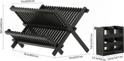 HBlife Dish Rack, Bamboo Folding 2-Tier Collapsible Drainer Dish Drying Rack with Utensils Flatware Holder Set (Dish Rack with Utensil Holder) - Image 2
