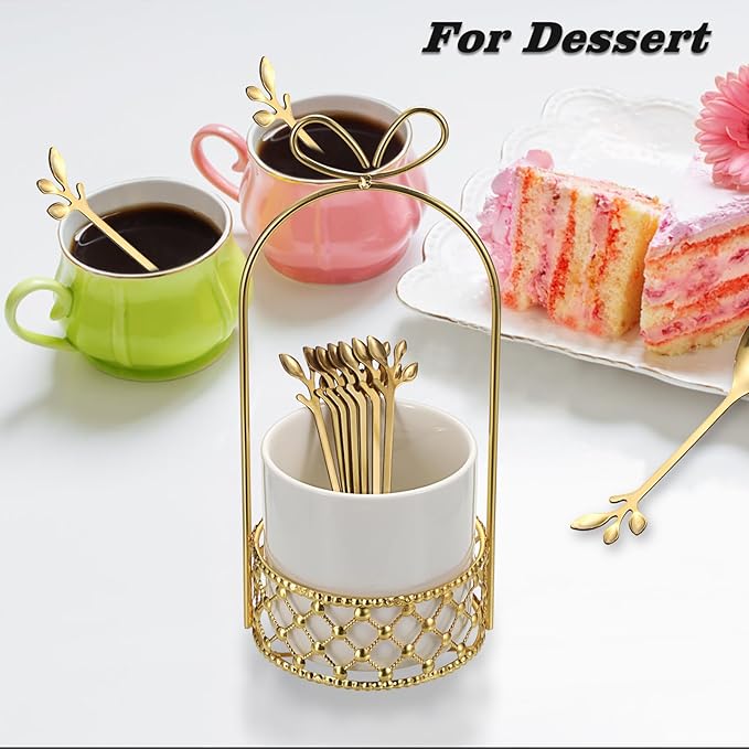 ELLDOO Coffee Spoon Set, White Ceramic Holder with 8 Stainless Steel Gold Leaf Coffee Spoons, Creative Flatware Set for Stirring, Mixing, Sugar, Ice Cream, Cake (8 x Spoons) - Image 8