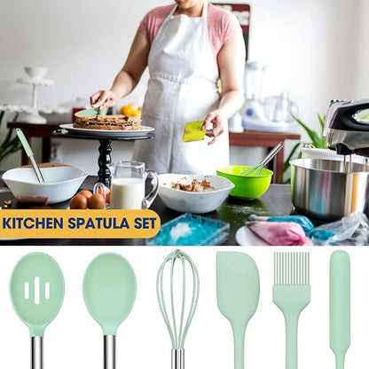 Silicone Cooking Utensil Set, Fungun Non-stick Kitchen Utensil 24 Pcs Cooking Utensils Set, Heat Resistant Cookware, Silicone Kitchen Tools Gift with Stainless Steel Handle (Green-24pcs)