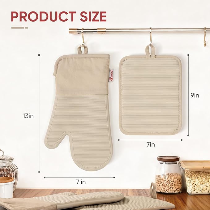 YUTAT Silicone Oven Mitts and Pot Holders Set,High Heat Resistant Up to 500 Degrees,Waterproof Cooking Gloves with Soft Polyester Filling,Kitchen Potholder Set,Khakis,4 Pcs Set - Image 4