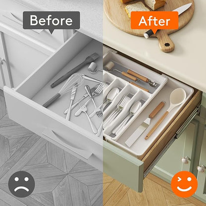 Lifewit Silverware Drawer Organizer, Expandable Utensil Tray for Kitchen, BPA Free Flatware and Cutlery Holder, Adjustable Plastic Storage for Spoons Forks Knives, 33 -57 x 42cm, White and Gray - Image 5
