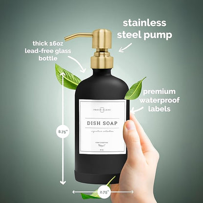 Vine Creations Black Glass Soap Dispenser, 2 Pack Kitchen Soap Dispenser Set with Stainless Steel Pump, 16 oz Dish Soap and Hand Soap Dispensers for Bathroom with Waterproof Labels - Image 6
