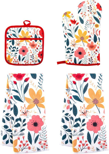 4 Pcs Kitchen Stuff, Wild Floral Kitchen Oven Mitts, Pot Holders Sets with Microfiber Kitchen Towels,Kitchen Accessories, Gifts for Women