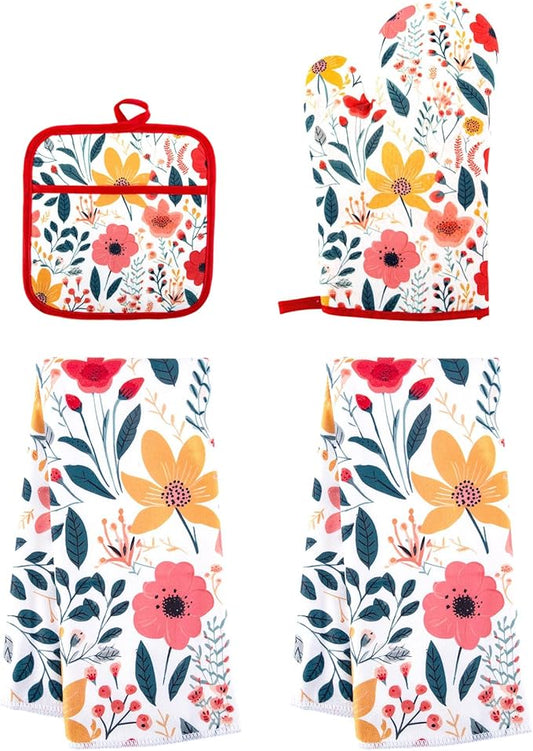 4 Pcs Kitchen Stuff, Wild Floral Kitchen Oven Mitts, Pot Holders Sets with Microfiber Kitchen Towels,Kitchen Accessories, Gifts for Women